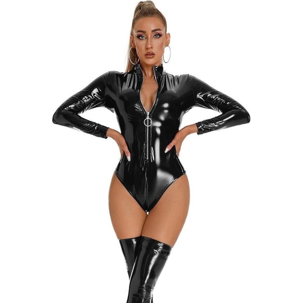 Black Patent Long-Sleeve Zip-Front Bodysuit Jumpsuit - Picture 2 of 3